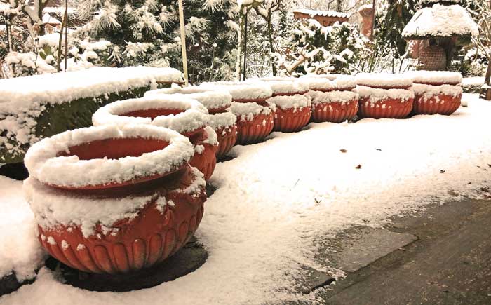 Eine Reihe von Terracotta-Gefaessen in verschneiter Gartenanlage