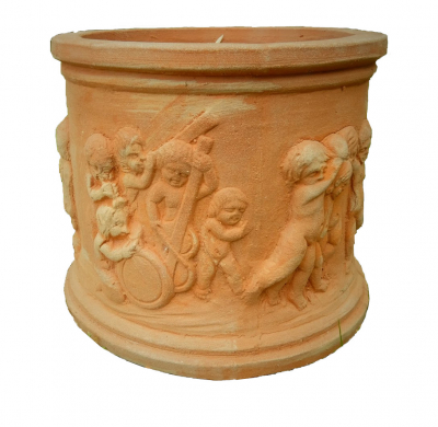 kleiner zylindrischer Terracotta-Topf mit Engeln