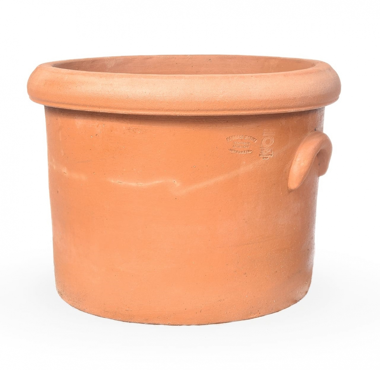 zylindrischer Terracotta-Topf mit Handgriffen