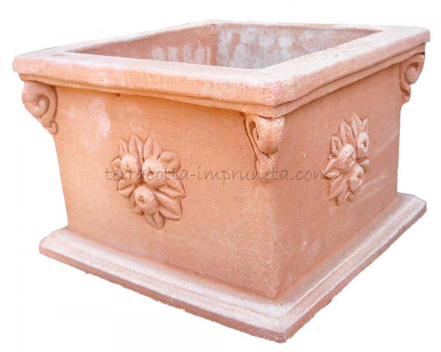 feiner  quadratischer Terracotta-Pflanzkasten mit Früchten