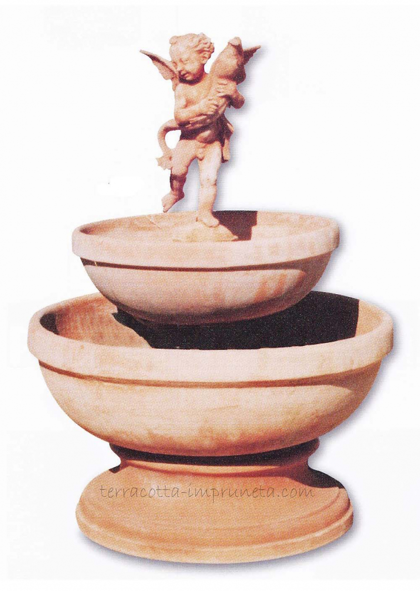 Großer Terracotta-Springbrunnen mit zwei Schalen und Putte.