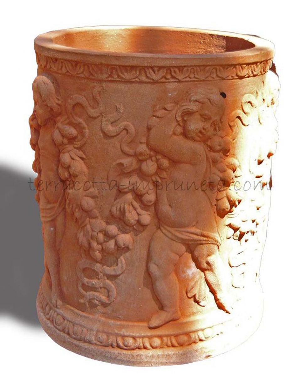zylindrischer Terracotta-Topf mit Putten