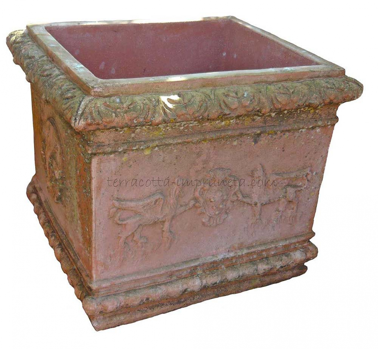 eckiger Terracotta-Kasten mit antiken Ornamenten