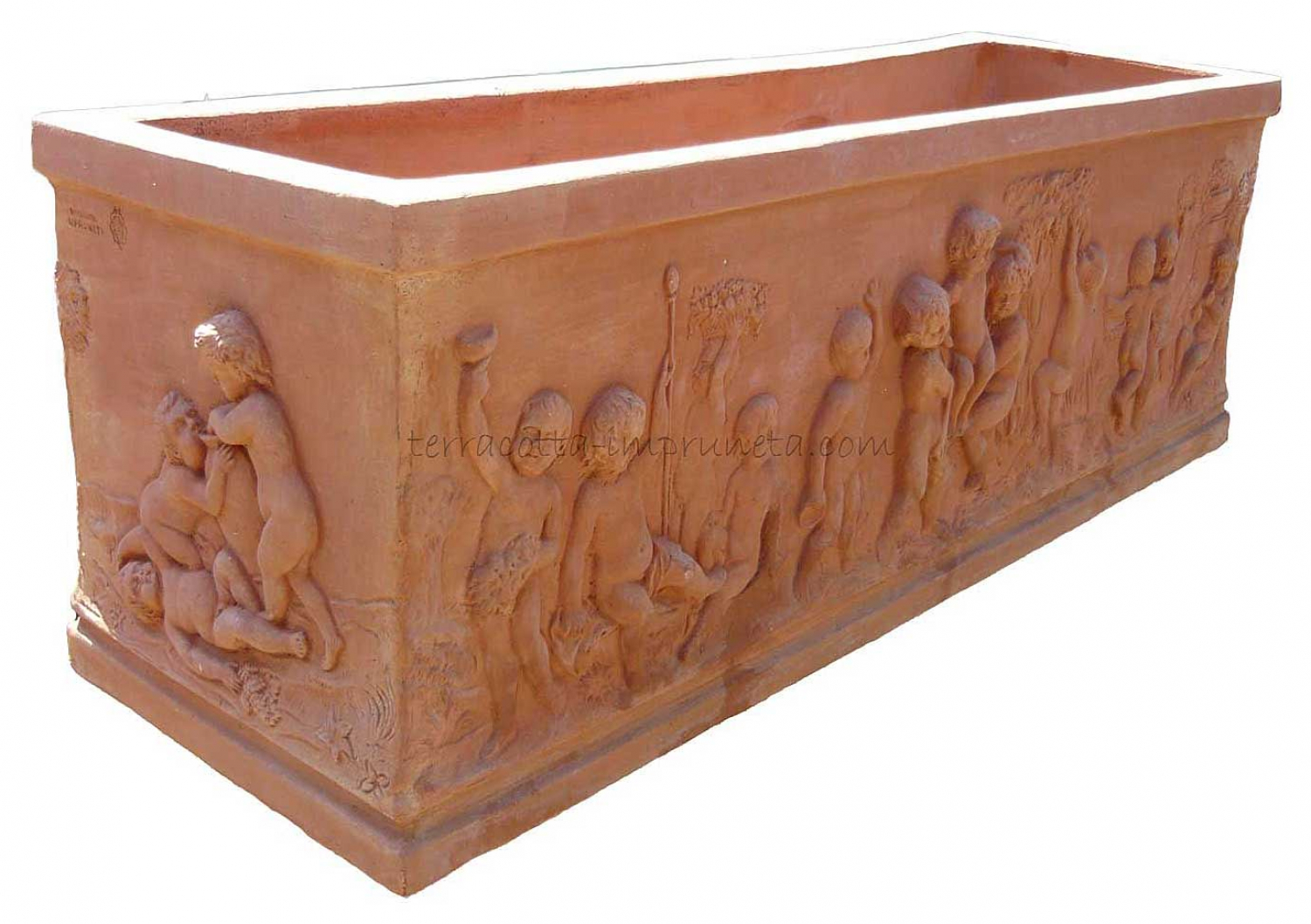 langer Terracotta-Kasten mit Putten