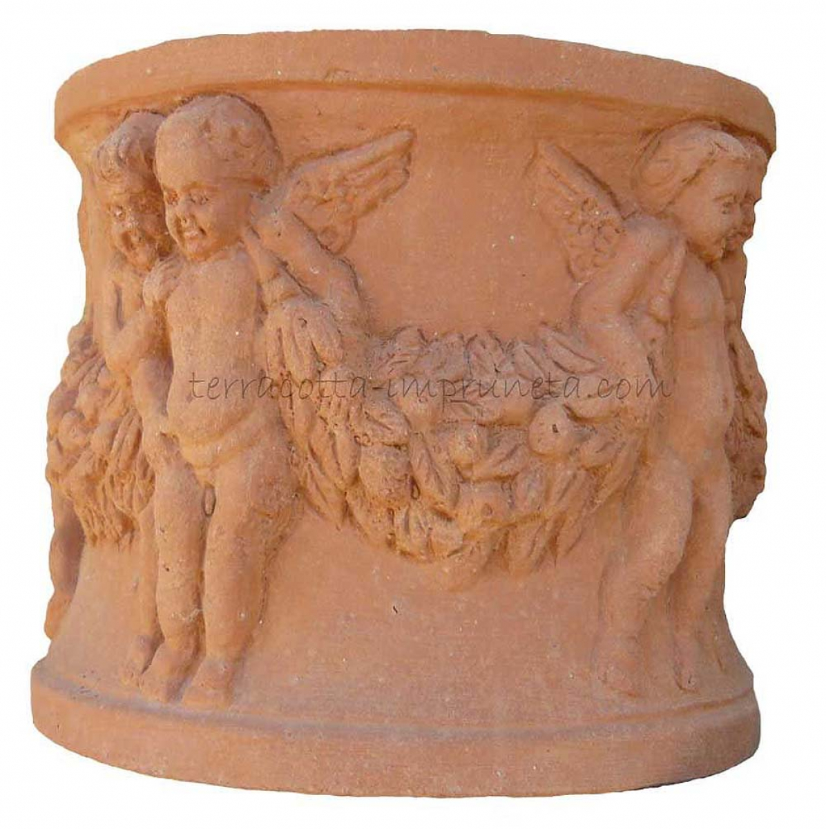 kleiner zylindrischer Terracotta-Topf mit Putten