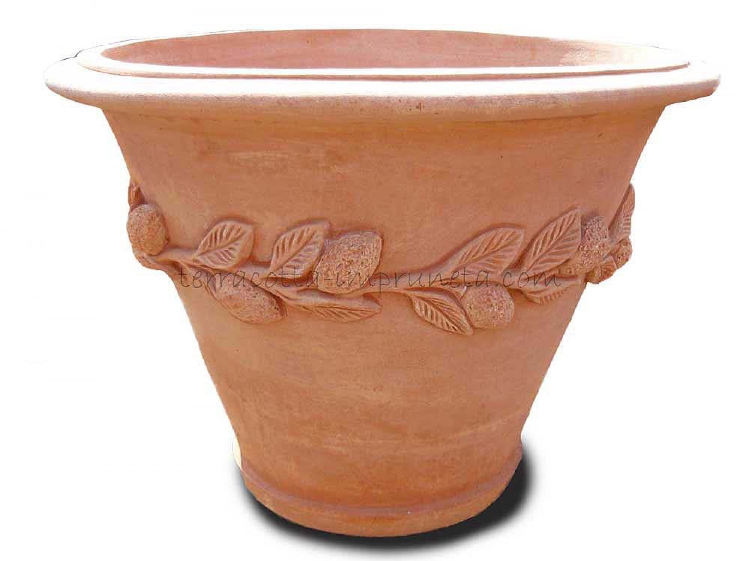 Konischer Terracotta-Topf mit Zitronengirlande.